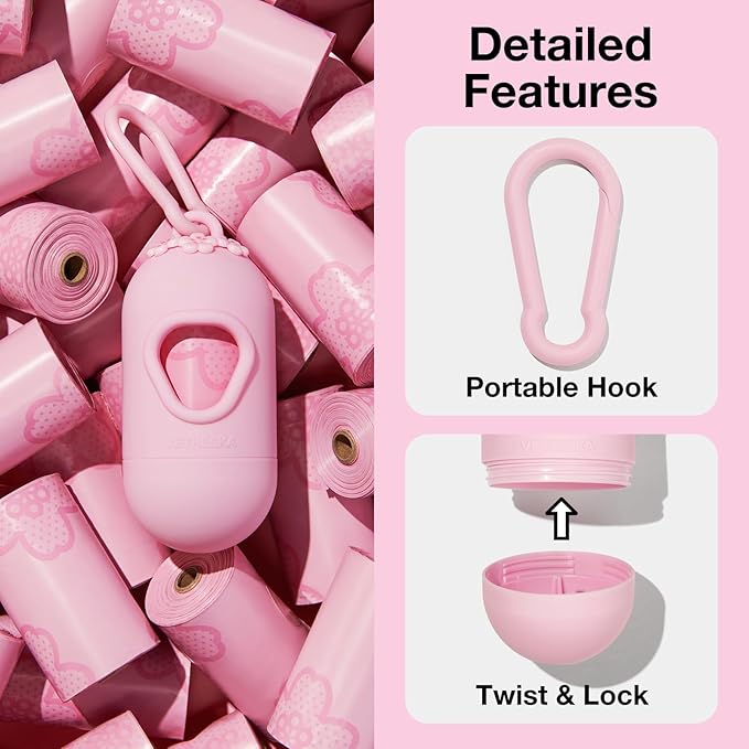 VETRESKA Dog Poop Bag Dispenser with Cherry Blossom Scented Poop Bags, Leak Proof and Extra Thick Pet Waste Bags, 1 Poop Bag Holder and 105 Bags for Dog Walking and Cats Litter, Pink