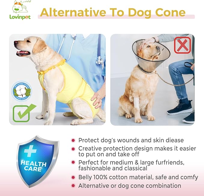 LovinPet Dog Recovery Suit for Large Medium Dogs - Wound Protective Surgical E-Collar Alternative Recovery Bodysuit for Abdominal Wounds After Surgery Dog Onesies,Yellow,Deer Pattern,L