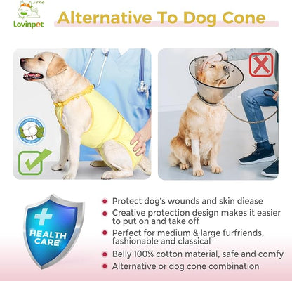 LovinPet Dog Recovery Suit for Large Medium Dogs - Wound Protective Surgical E-Collar Alternative Recovery Bodysuit for Abdominal Wounds After Surgery Dog Onesies,Yellow,Deer Pattern,L