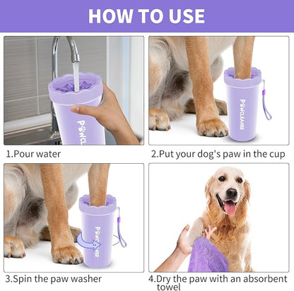 Professional 7 in 1 Dog Paw Cleaner for Dogs & Cats - Includes 1 Portable Paw Washer, 1 Bath Brush, 2 Dog Toothbrushes and 3 Absorbent Towels Note: Fits Paws 2.5 to 3.5 Inches Wide (Large, Purple)