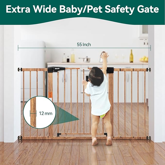 Babelio Metal Auto Close Baby Gate PressGuard P7, 29"-55" Wide Extra Wide Pet Gate for The House and Doorways, Pressure Mounted Walk Thru Child Gate with Door, Brown Wood Pattern