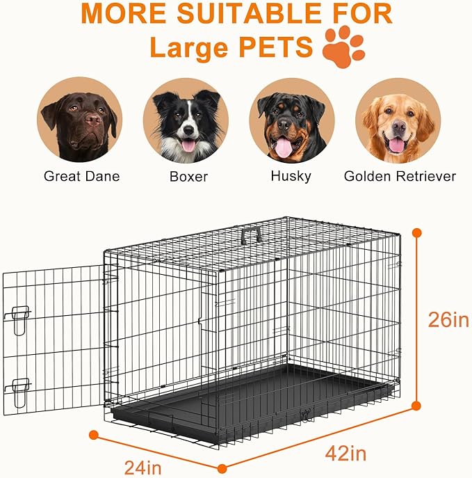 FDW Large Dog Crate 42inch Dog Cage Foldable Metal Kennel with Leakproof Tray Foldable Design Indoor Outdoor Use for Large Dogs,Black