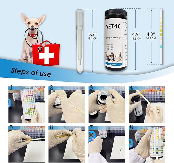 QMARK Urine Test Strips for Cats & Dogs, 50 Count, 10-Parameter UTI Testing Kit with Dropper and Tube