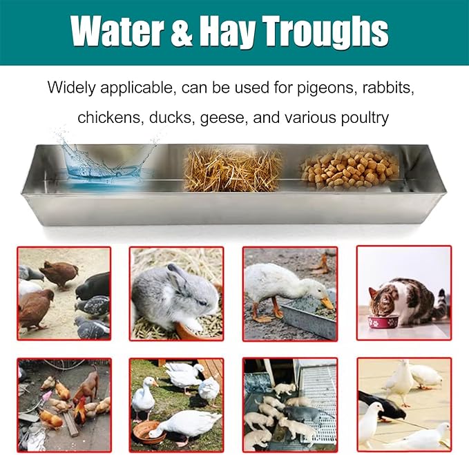 Animal Water Trough Outdoor 8 15 23 35 39 in, Pigeon Chicken Duck Goose Rabbits Hay Feeder, Stainless Steel Small Feeding Trough Set for Livestock/Poultry(H 7cm(2 3/4"),L 30cm (11 4/5"))