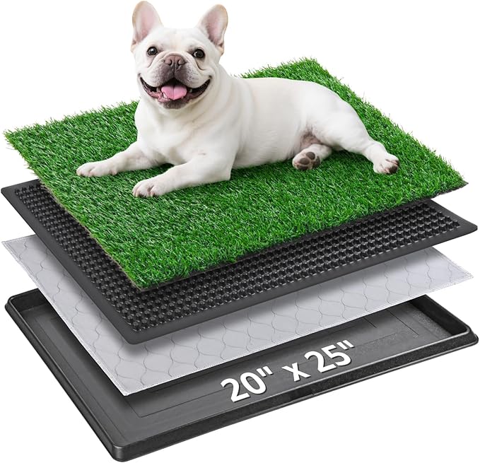 Portable Dog Grass Pad with Tray 20''x25'': Dog Litter Box with Artificial Grass Patch Bathroom Mat & Washable Pee Pad for Puppy Potty Training, Pet Loo Indoor Outdoor Use for Patio Balcony Apartment