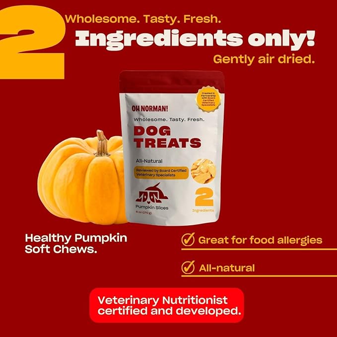 OH NORMAN! Two-Ingredient Pumpkin Dog Treats by Kaley Cuoco, Healthy Dog Treats for All Life Stages and Breeds, Air Dried, Ethically Sourced in Canada, 6 Oz