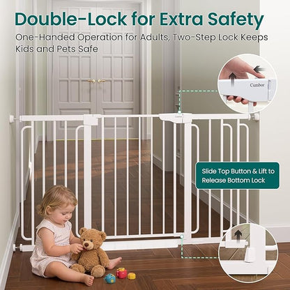 Cumbor 30.4-56.8" Extra Wide Baby Gate for Stairs, Dual Lock & Self-Closing Dog Gate Indoor, Easy Install Pet Gate for Doorways & Wide Openings, Easy Walk Thru Safety Proofing for Babies & Pets, White