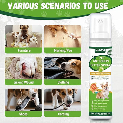 No Chew Spray for Dogs, 200ML Bitter Apple Spray for Dogs Cats Anti Chewing Licking from Furniture, Shoes, Bandages, Dog Training & Behavior Aids Spray, Indoor & Outdoor Use 1 Pack