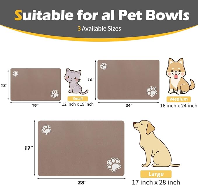 Pet Feeding Mat-Absorbent Dog Mat for Food and Water Bowl-Dog Accessories Pet Supplies-Dog Water Bowl for Messy Drinkers-No Stains Quick Dry Dog Water Dispenser Mat (12"x19", Brown)