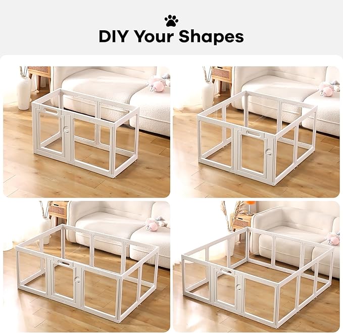 Clear Acrylic Dog Playpen Indoor, Puppy Cat Small Pet Play Pen, Pet Cat Playpen for Rabbits, Dog Fence Crate Kennel Whelping Cage (24", White, 10 Panels)