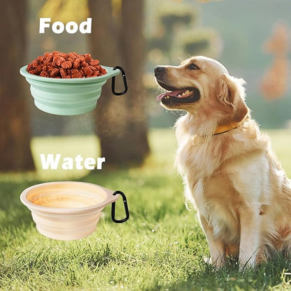 PetBonus 2-Pack Silicone Collapsible Dog Bowls, BPA Free Dishwasher Safe, Portable Foldable Expandable Travel Bowl, Food Water Feeding Cup Dish for Dogs Cats with 2 Carabiners(Light Mint,Beige Cream