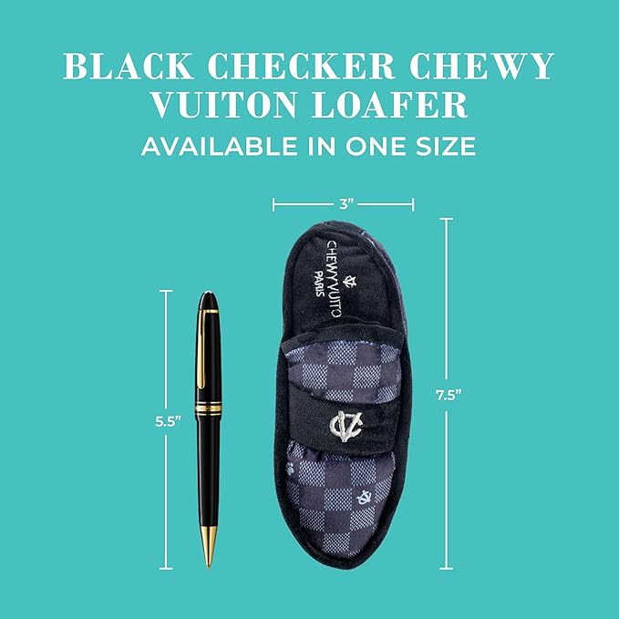 Haute Diggity Dog Chewy Vuiton Loafer Plush Squeaky Dog Toy, Soft Durable Designer-Inspired Stuffed Puppy Chew Toys for Small & Medium Dogs, Machine-Washable (Black Checker) One Size