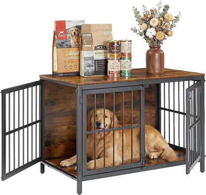 HOOBRO Heavy Duty Dog Crate Furniture, 39.4" Wooden Indoor Kennel with 3 Doors, Chew Resistant Metal Cage for Medium and Large Breeds, Dog Crate Side Table, Black and Rustic Brown BF101GW03