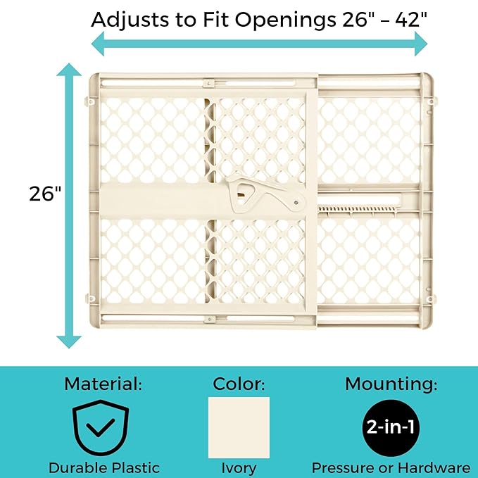 Toddleroo by North States - Supergate Ergo Baby Gate: Plastic Baby Gate for Stairs & Doorways - Adjustable Indoor Safety Gate - Made in USA - 26 to 42 Inches Wide - 26 Inches Tall - Ivory