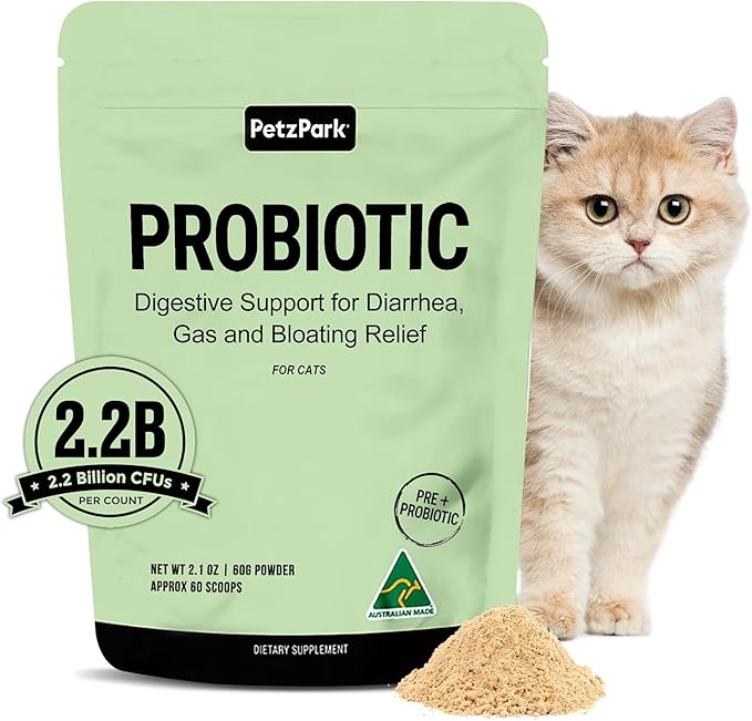 Petz Park Probiotics for Cats 60 Scoops, Cat Probiotic Powder for Hairball and Digestive Support, Gut Health Supplement for Cats and Kittens, Cat Food Topper Made in Australia