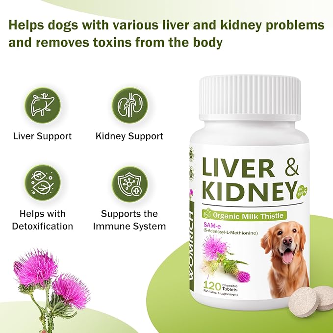 Milk Thistle & SAM-E for Dogs, Advanced Liver & Kidney Support with Silymarin, Detox Supplement for Dogs- 120 Chewable Tablets