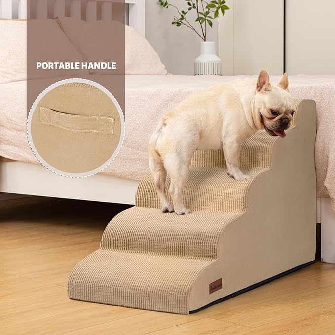 Aodisman 5-Step Dog Stairs and Ramp for High Bed, Non-Slip Sturdy Pet Steps for Small Dogs and Cats,22.2" H,Khaki
