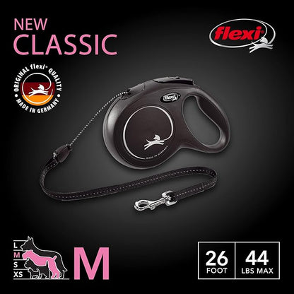 FLEXI New Classic Cord Retractable Dog Leash for Medium Dogs up to 44 lbs. – 26 ft., Black | Tangle-Free Pet Walking Leash with One-Handed Brake, Pause, Lock | German Quality Product