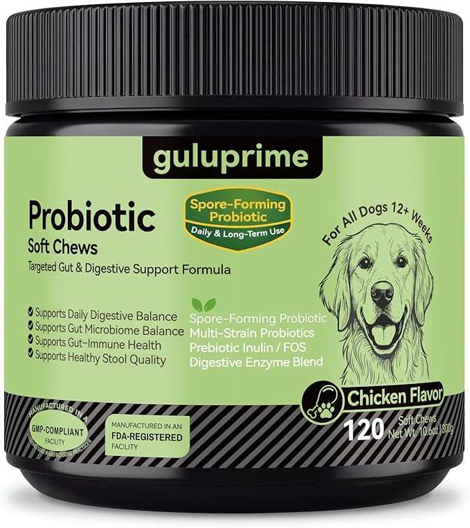Probiotic Soft Chews for Dogs – Daily Gut & Digestive Support, Spore-Forming Probiotic with Multi-Strain Lactobacillus, Prebiotic Inulin/FOS, Chicken Flavor, 120 Chews