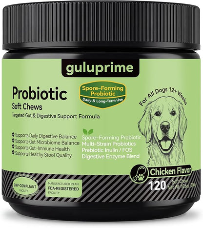 Probiotic Soft Chews for Dogs – Daily Gut & Digestive Support, Spore-Forming Probiotic with Multi-Strain Lactobacillus, Prebiotic Inulin/FOS, Chicken Flavor, 120 Chews