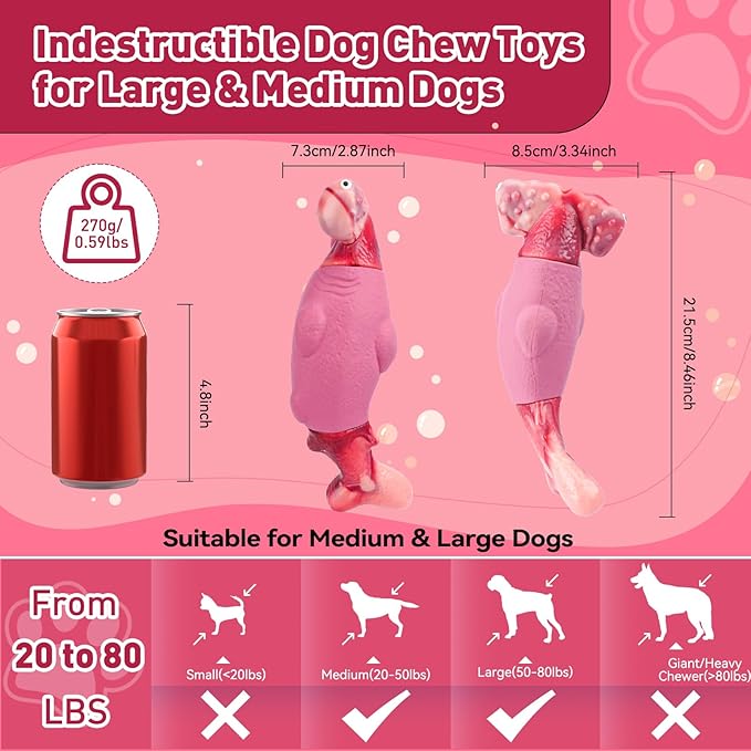 BIKIISEN Dog Toys for Aggressive Chewers, Interactive Dog Chew Toy for Large Dogs, Indestructible Squeaky Toys to Keep Them Busy, Tough Toy for Medium/Large Breed Dogs Pink