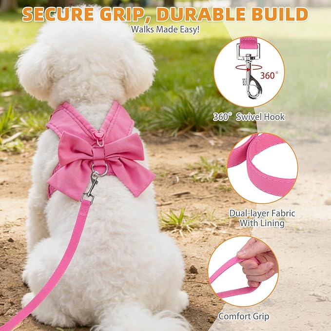KOOLTAIL Small Dog Harness and Leash Set, Cute Puppy Vest Harnesses with Bowtie for Girl Outfit, Step in No Pull Soft Mesh Padded Adjustable Pet Harness for Extra-Samll Medium Dogs Cats XS-M, Pink S