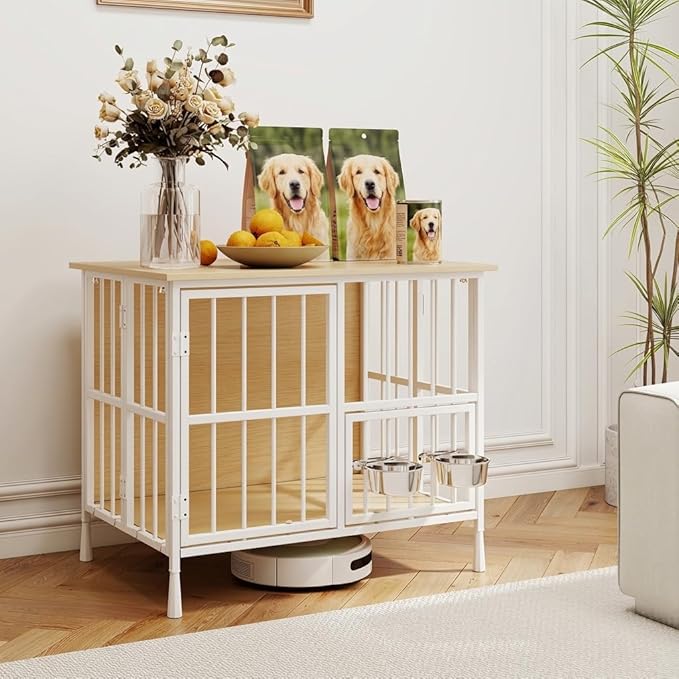 Hadulcet Foldable Dog Crate Furniture, No Assembly Indoor Dog Kennel with Storage Top, Wooden Dog Crate Table for Small to Medium Dogs (Up to 30 lbs), 27.55” Furniture Style Dog Cage with 2 Bowls Oak