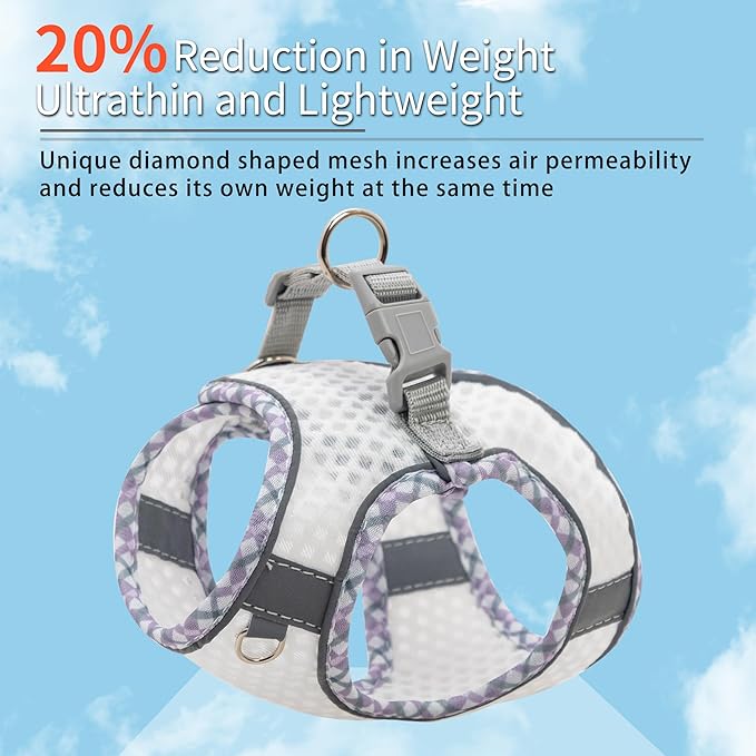 Summer Dog Harness and Leash Set, Soft Dog Vest Harness with Super Breathable Diamond Mesh, Reflective No-Pull Pet Harness for Outdoor Walking, Training for Small Dogs, Cats White XXS
