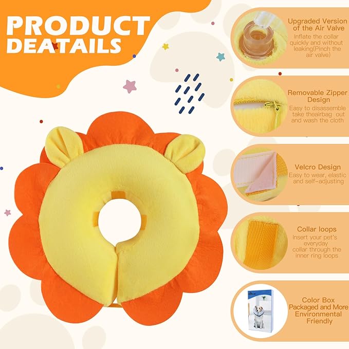 IEUUMLER Inflatable Recovery Dog Collar, Protective Donut Cone, Adjustable Soft Collar for Dog and Cat After Surgery Prevent from Biting & Scratching EU002 - Orange Lion L