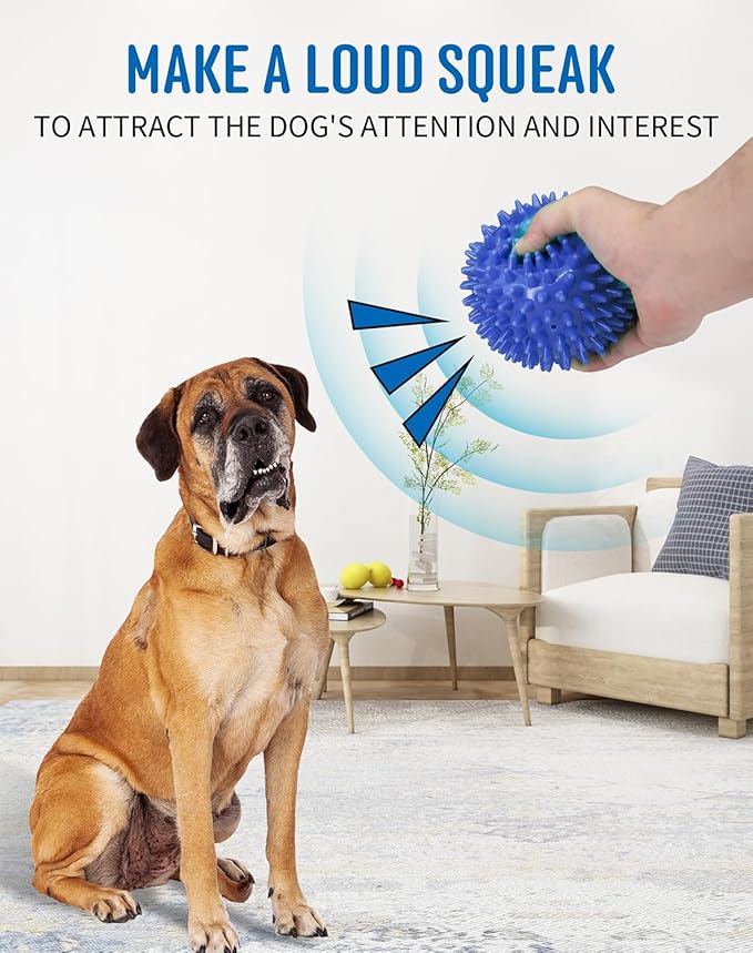 Pweituoet 4.5” Heavy Duty Squeaky Dog Balls for Medium Large Dogs, Dog Toys for Aggressive Chewers, Spike Ball Toys for Clean Teeth and Training(2 Pack) (4.5" red and Blue)
