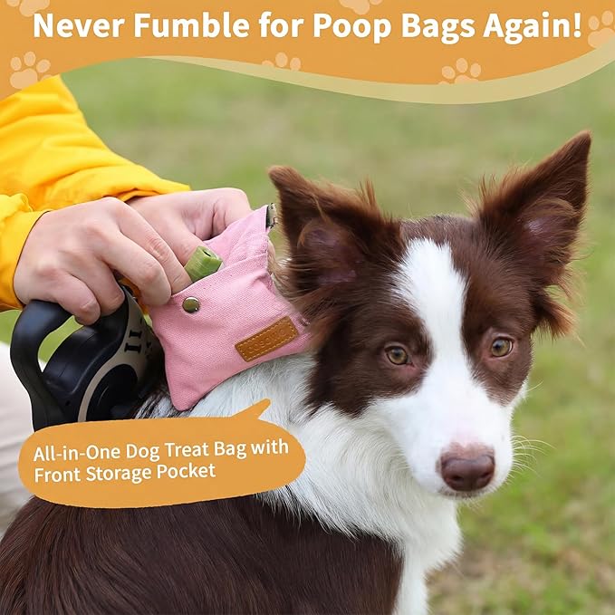 Dog Treat Pouch, Hand Free Dog Training Treat Bag with Carabiner & Magnetic Buckle, Auto Closing Dog Walking Bag for Puppy Travel or Outdoor Use, Pet Feed Snack Reward Pocket, Pink