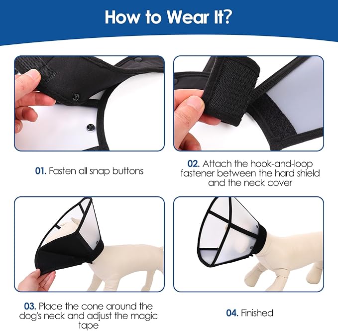 SUNFURA Dog Cones for Large Dogs, Soft Dog Cone to Stop Licking After Surgery, Detachable Pet Recovery E-Collar Alternative for Wound Healing, Black XL