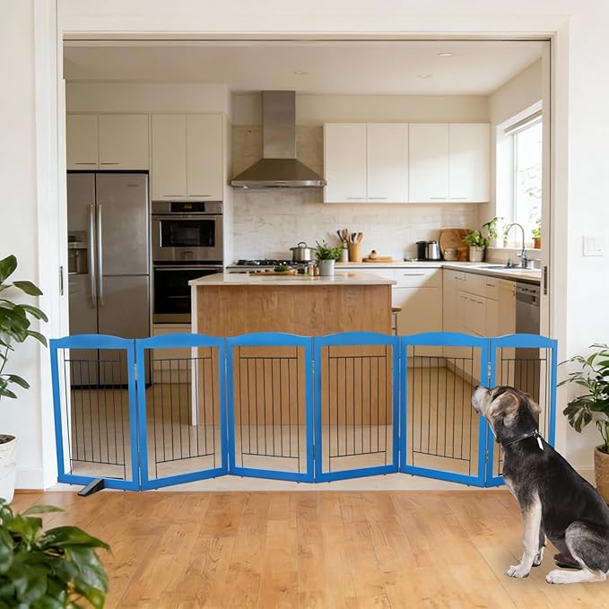 ZJSF Freestanding Dog Fence Indoor, Foldable Dog Gate for Doorways, Stairs or Hallways, Sturdy Wood Extra Wide Pet Gate with Support Feet for The House, Blue, 24 "Height-6 Panels