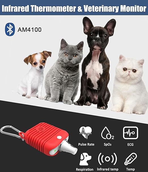 Veterinary Pulse Oximeter Monitor for Dogs, Rechargeable Spo2 Oximeter Monitor for Cats, Bluetooth ECG Monitor Equipment for Pets, Portable Non-Contact Thermometer,Easy Operation & BLE4.0 Connection