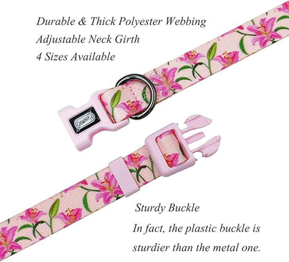 Dog Collar Leash Set, Floral Pattern, Polyester Material, Adjustable Collar and 5ft Matchcing Leash, for Medium Dogs.(M, Pink Lily)