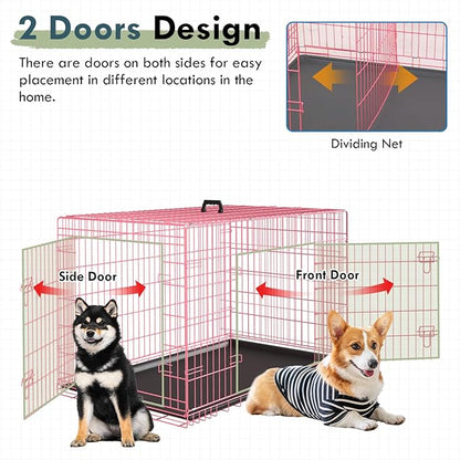 PayLessHere Large Dog Crate Kennel for Medium Large Dogs 36 inches Metal Dog Cage Double-Door Folding Travel Indoor Outdoor Puppy Playpen with Divider and Handle Plastic Tray,Pink