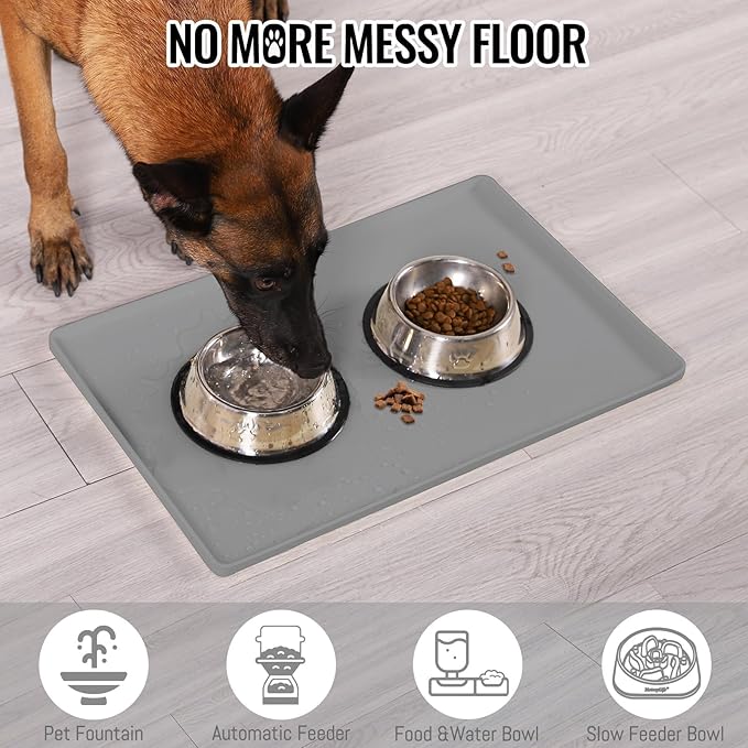MateeyLife Dog & Cat Food Water Mat for Floors Waterproof, Nonslip Pets Bowl Feeding Mats with Raised Edges, Silicone Matt Tray for Messy Drinkers, 24"x16", Grey