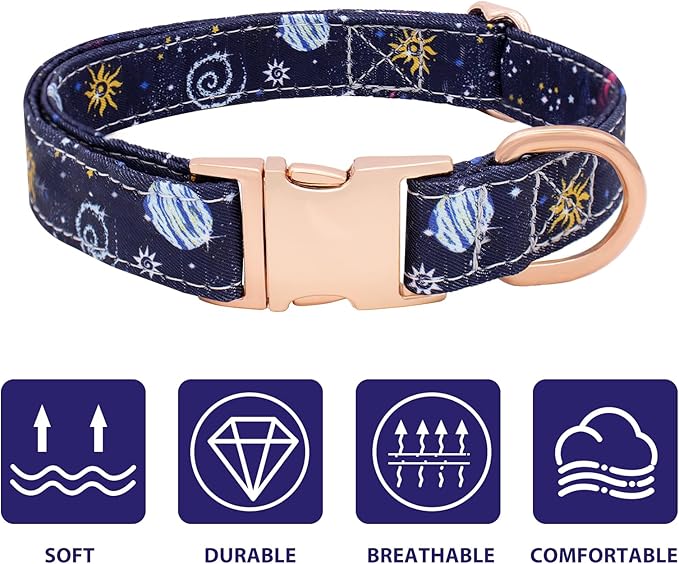 Dog Collar and Leash Set Adjustable Girls Puppy Floral Collars with Bow Tie for Small Medium Large Dogs(L, Blue Planet)