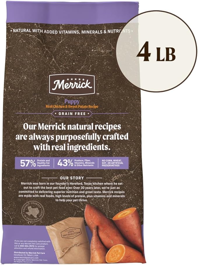 Merrick Premium Grain Free Dry Puppy Food, Wholesome And Natural Kibble With Real Chicken and Sweet Potato - 4.0 lb. Bag