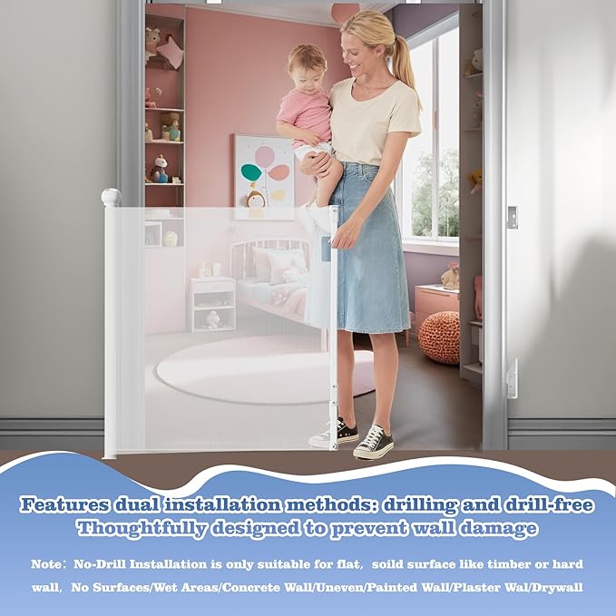 Retractable Baby Gate for Stairs Doorways - Extra Wide 55" No-Drill Pressure Mount OR Screw Mount, Space Saving Mesh Gate with No Bottom Bar Trip Hazard, for Indoor Outdoor Use with Kids, Dogs & Cats
