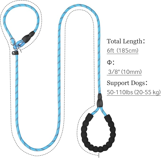 TagME 6ft Slip Dog Lead, No Pull Reflective Training Leash with Padded Handle, Professional Rope P-Leash for Small Medium Large Dogs, Heavy Duty Correction Lead for Walking & Training (Blue)