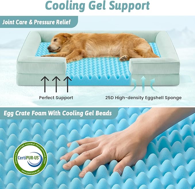 Cooling Dog Bed for Medium Small Size Dogs, Q-Max >0.4 Summer Cool Orthopedic Foam Pet Sofa Bed with Sides, Bolster Anti-Slip Couch with Washable Removable Cover, M 30x20x6 inch, Green