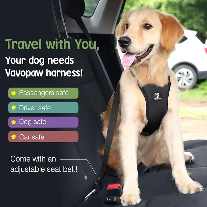 VavoPaw Dog Seat Belt, Safety Vest Dog Car Harness with Adjustable Buckle Dog Seat Belt for Vehicle Nylon Pet Safety Seat Belts Heavy Duty(S, Black)