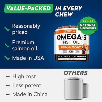 StrellaLab Omega 3 for Dogs - (180Ct) Fish Oil Treats - Allergy & Itch Relief Skin & Coat Supplement - Dry Itchy Skin, Anti Shedding & Hot Spots Treatment - Pet Salmon Oil Chews - Chicken Flavor