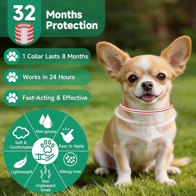 4 Pack Flea Collar for Dogs, Flea and Tick Prevention for Dogs, Dog Flea and Tick Treatment, 32 Months Protection, Waterproof, Adjustable Tick Collar for Dogs, One Size Fits All, Red and White