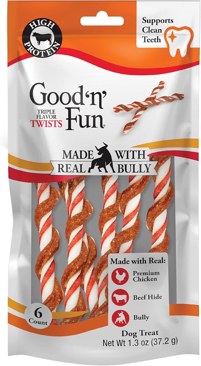 GOOD 'N' FUN Triple Flavor Twists with Bully Chews, High-Protein Dog Treat for All Adult Dogs, Made with Real Chicken, Beef Hide, Pork Hide, Bully & Beef Liver Flavor, 6 Count