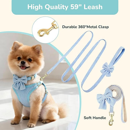 Small Dog Collar Harness and Leash Set, Dog Harness no Pull with Bowtie, Breathable Cotton Adjustable Pet Puppy Harness, Easy Walk Dog Harness, M(16-21")