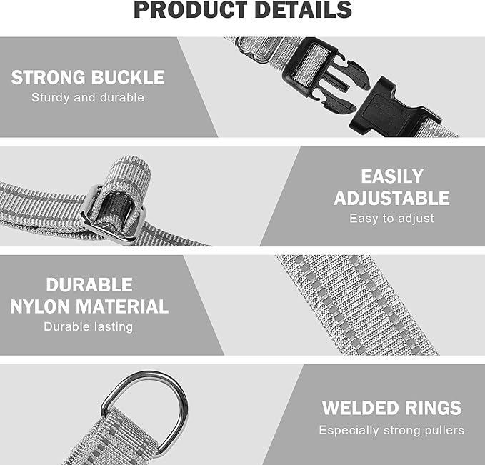 Hikiko Reflective Martingale Dog Collars for Large Dogs with Buckle Nylon Training Walking No Pull Collars, Sliver Gray, L