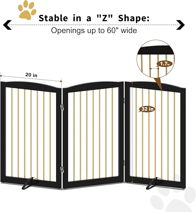 PUPETPO Freestanding Pet Gate for Dogs, Foldable Wooden Dog Gate for House Indoor, Step Over Pet Puppy Safety Fence for Stair, Doorway,Hall, Support Feet Included,3 Panels 32",Black&Gold