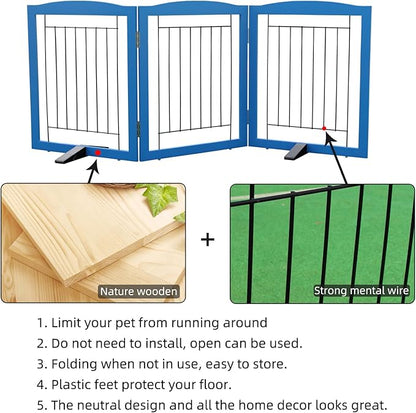 ZJSF Freestanding Dog Fence Indoor, Foldable Dog Gate for Doorways, Stairs or Hallways, Sturdy Wood Extra Wide Pet Gate with Support Feet for The House, Blue, 24 "Height-3 Panels